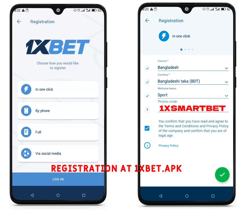 registration at 1xbet app